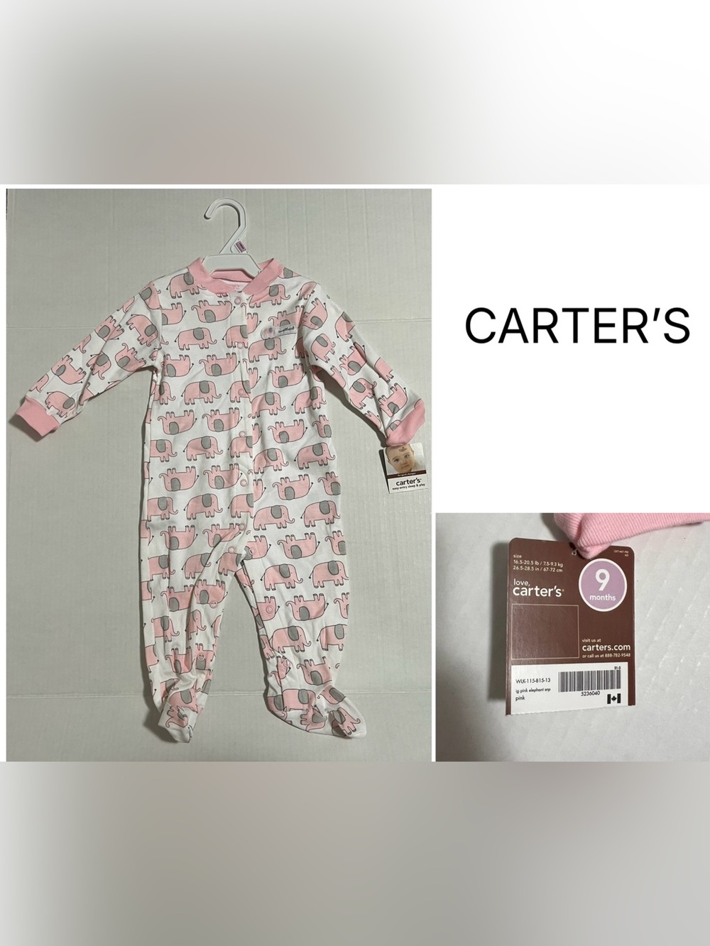 CARTER’S - 9M - NWT - INFANT GIRLS PINK ELEPHANT SLEEPER